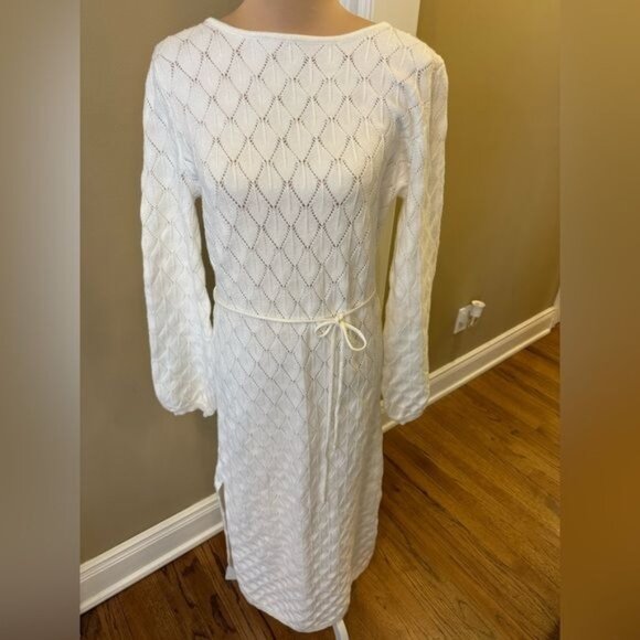 Scoop Back Open Knit Dress Size XL Ivory Maxi Balloon Sleeves Belt Bridal - Picture 2 of 13